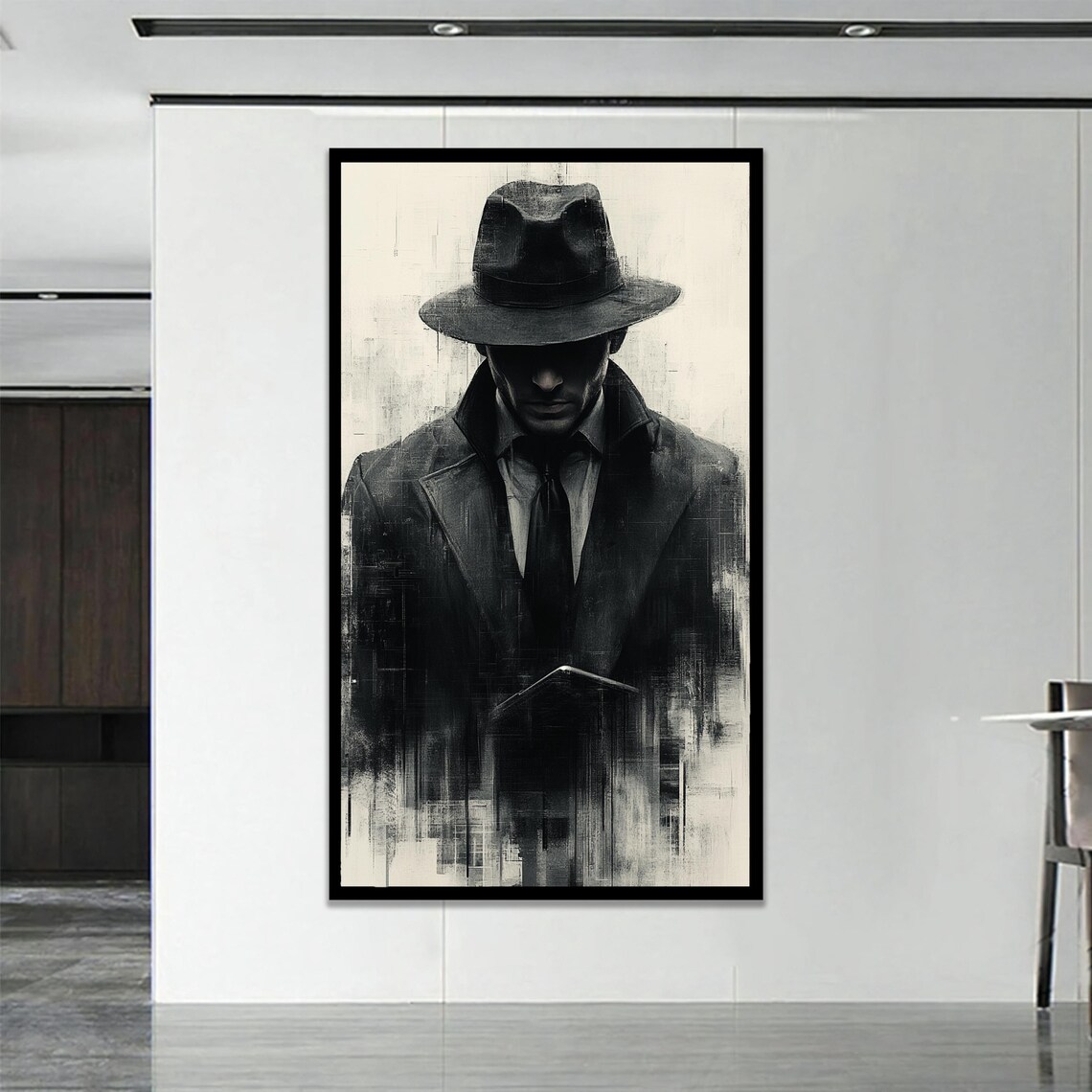 Mysterious Man In Fedora Noir Monochrome Figurative Art Portrait Poster