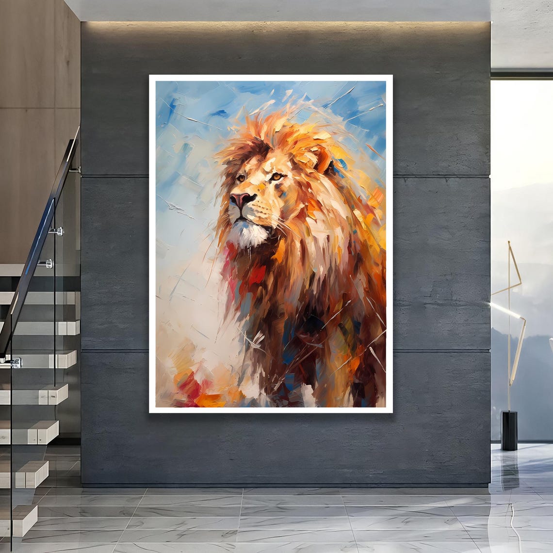 Noble Lion Staring Portrait Colorful Abstract Oil Wildlife Print