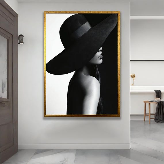 Black Hat Woman Portrait Modern Elegant Canvas Wall Art