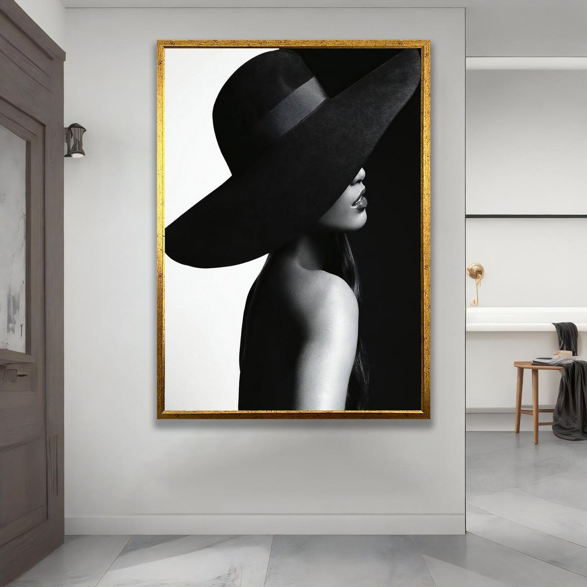 Black Hat Woman Portrait Modern Elegant Canvas Wall Art