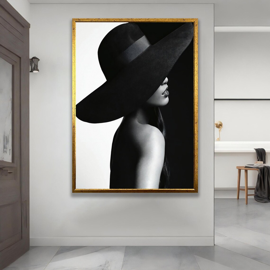 Monochrome Woman In Wide Brim Black Hat Elegant Portrait Poster