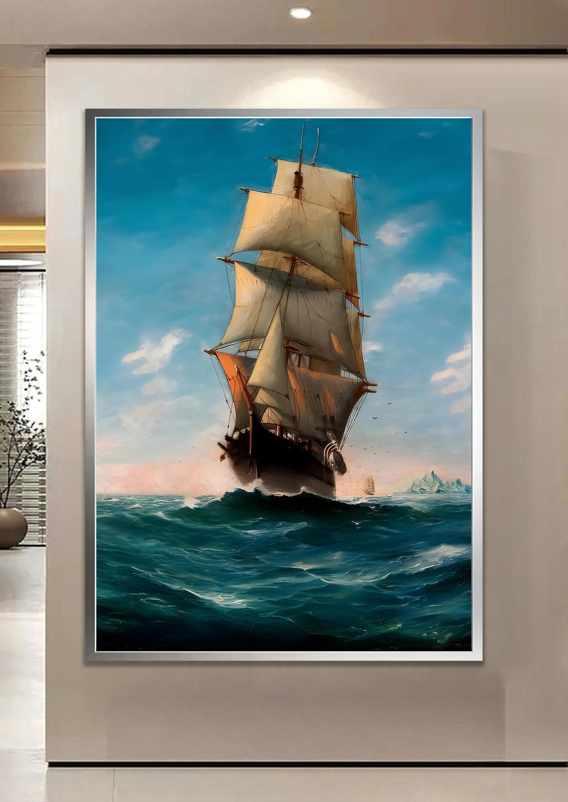 Majestic Tall Ship Full Sails Crossing Turquoise Ocean Waves Poster