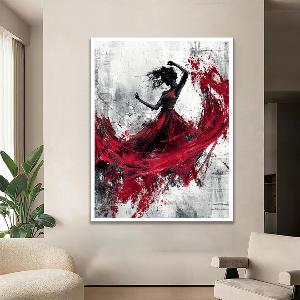 Red Dress Dancing Woman Expressive Abstract Oil Painting Poster