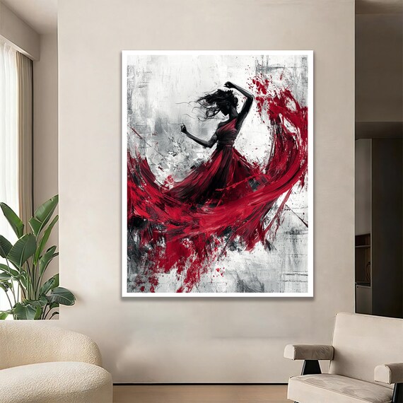 Red Dress Dancing Woman Passionate And Elegant Wall Art