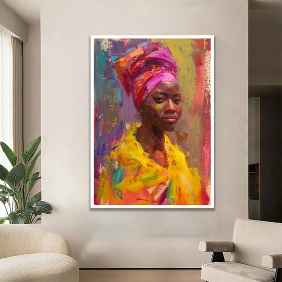 African Woman Portrait In Traditional Colorful Attire Vibrant Cultural Wall Art