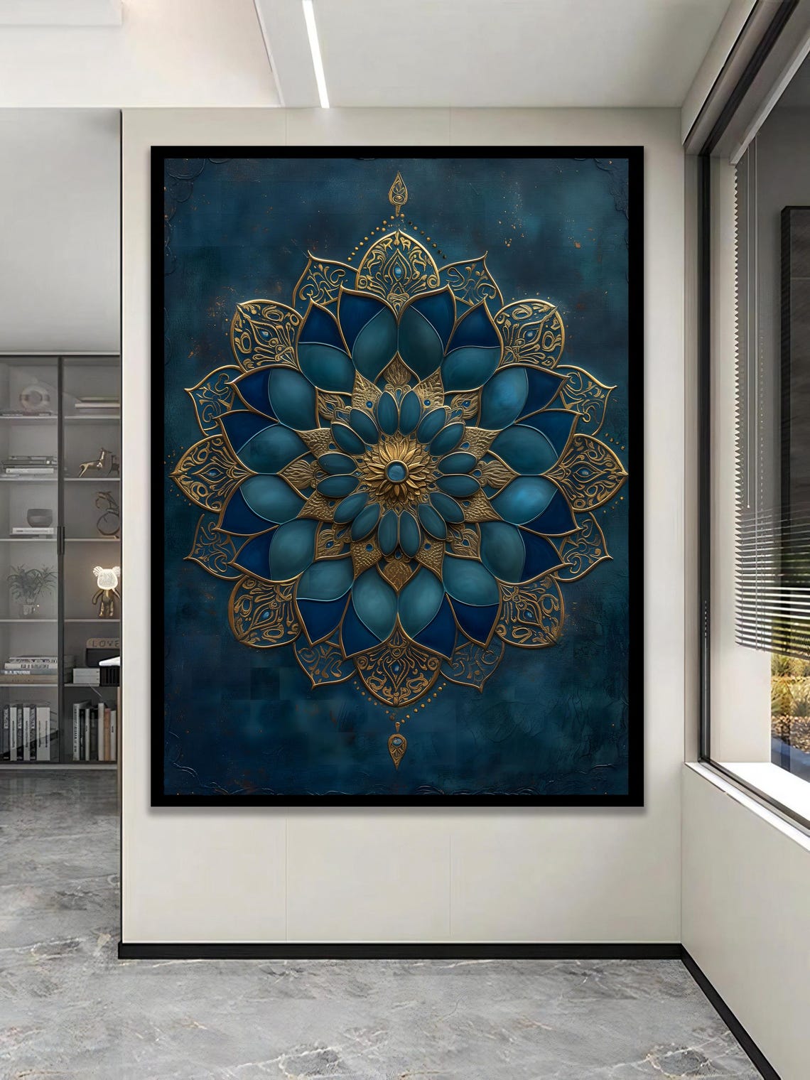 Navy Blue Gold Mandala Floral Geometric Luxury Statement Poster