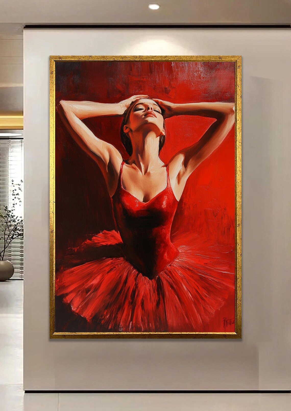 Ballerina in Red Tutu Against Crimson Dramatic Dance Painting Poster