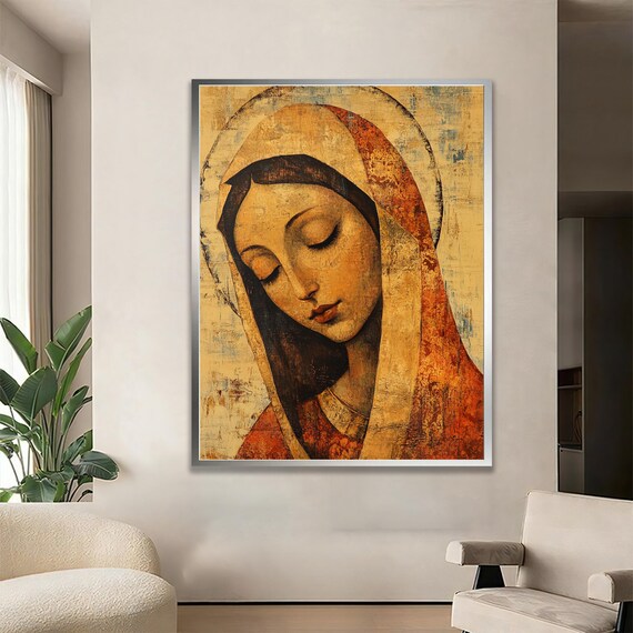 Holy Virgin Mary Golden Icon Serene Religious Spiritual Art Poster