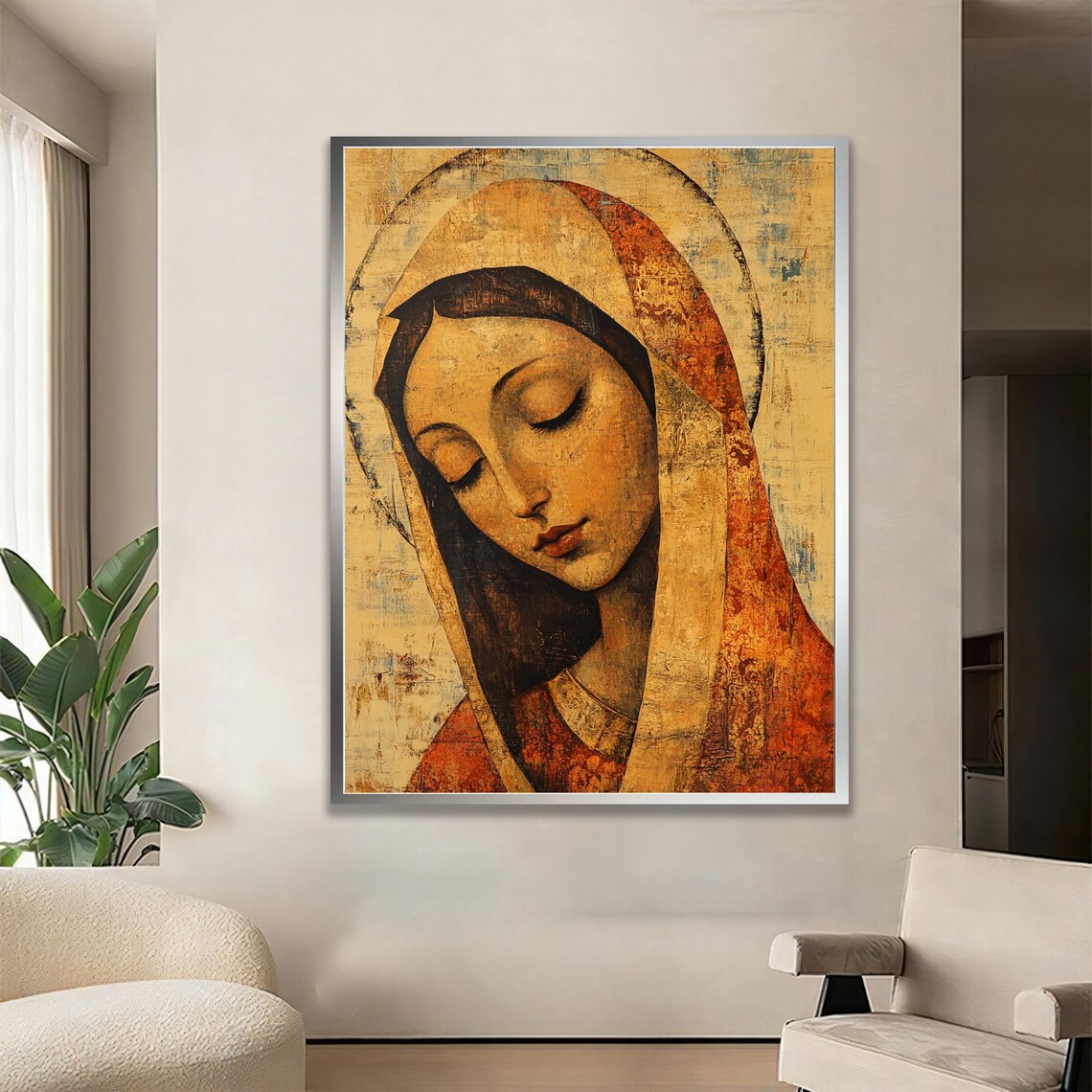 Holy Virgin Mary Golden Icon Serene Religious Spiritual Art Poster