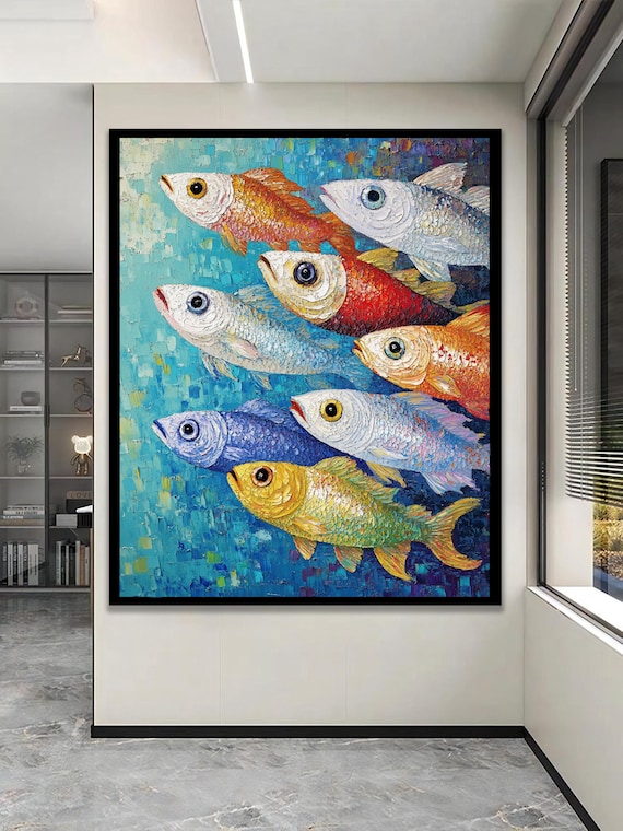 Colorful Fish School Swimming Up Impasto Ocean Painting Wall Art