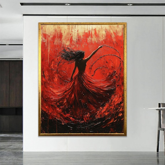 Red Dress Dancing Woman Fiery Red Passionate Abstract Painting Poster