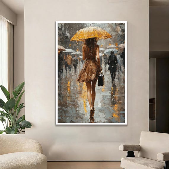 Woman Walking In Rain With Yellow Umbrella Elegant Brown Dress Wall Art