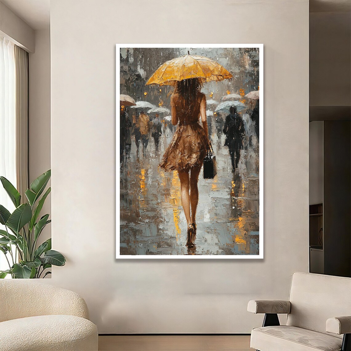 Woman With Yellow Umbrella In Rain City Street Impasto Painting Poster