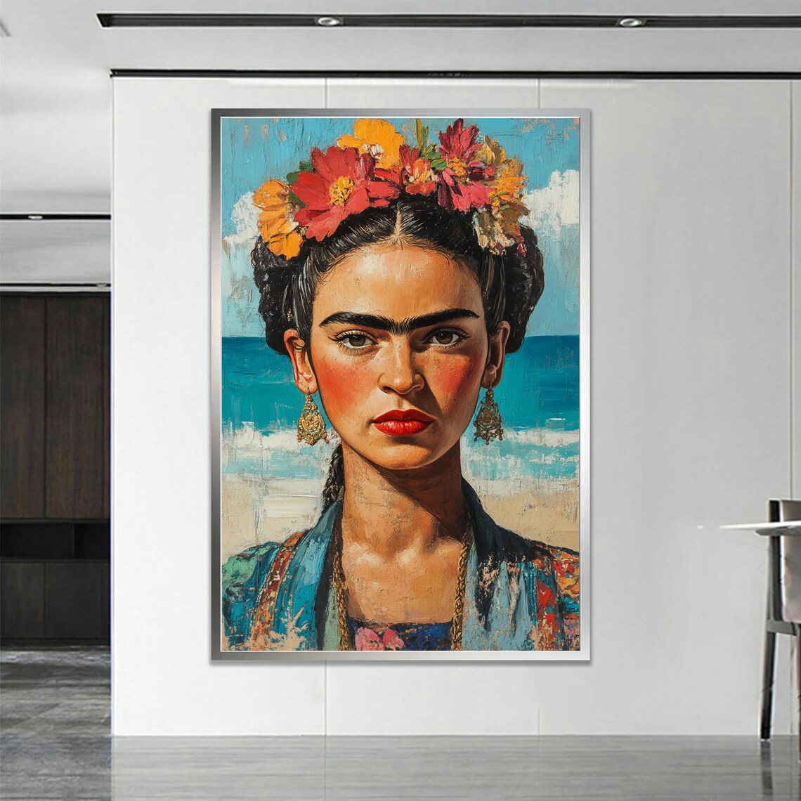 Frida Kahlo Style Beach Portrait Flower Crown Bold Color Art Poster