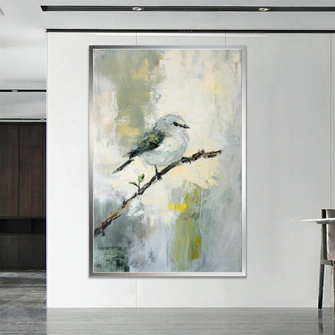 Little White Bird On Branch Soft Abstract Nature Painting Poster