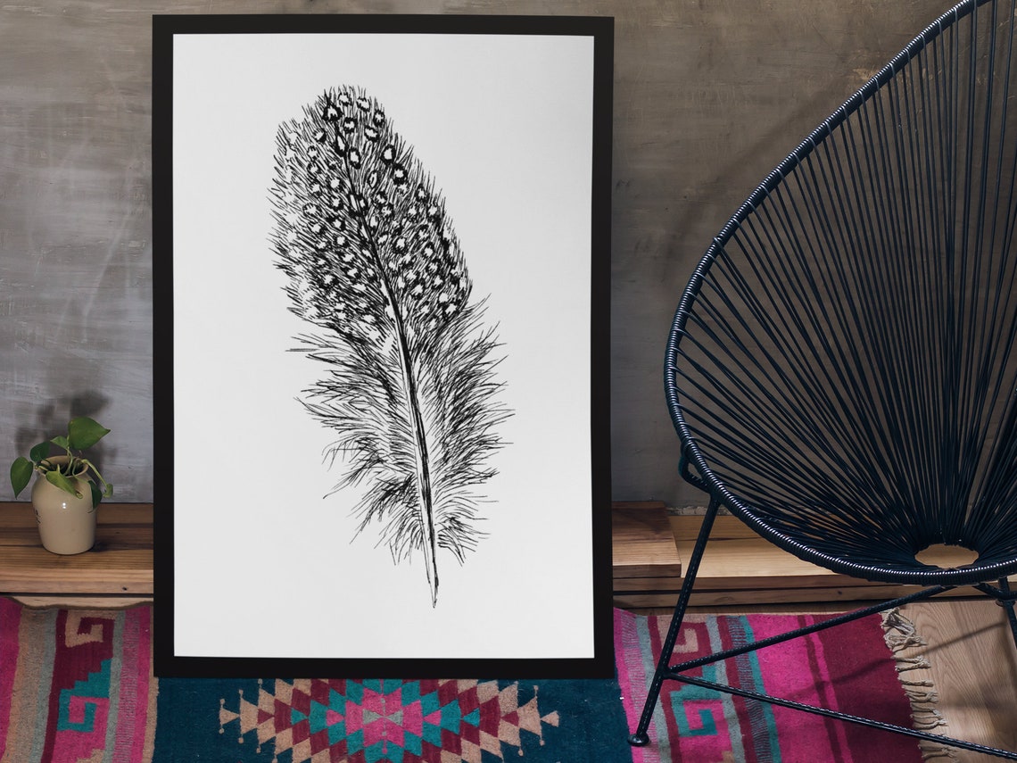 Elegant Feather Black and White Minimalist Nature Sketch Wall Art