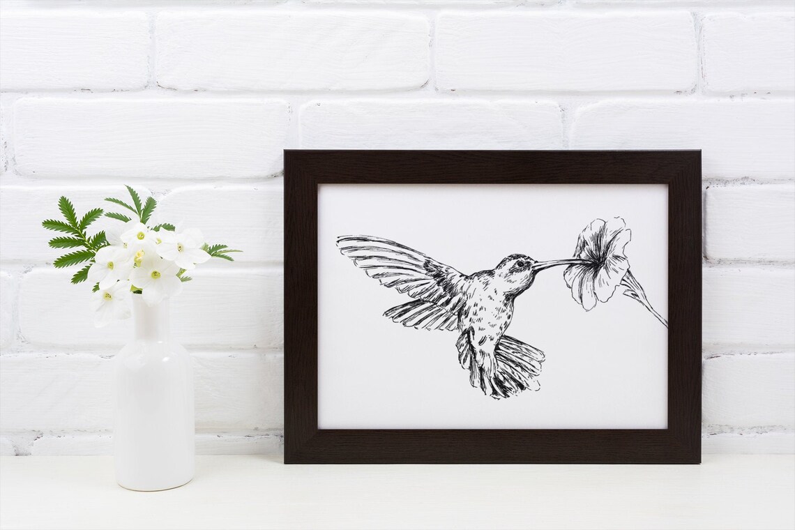 Hummingbird With Flower Ink Sketch Minimalist Bird Line Art Poster