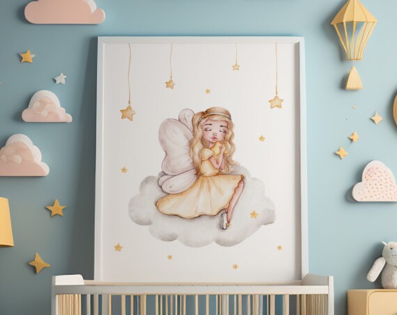 Watercolor Fairy on a Cloud With Stars Nursery Girls Room Poster
