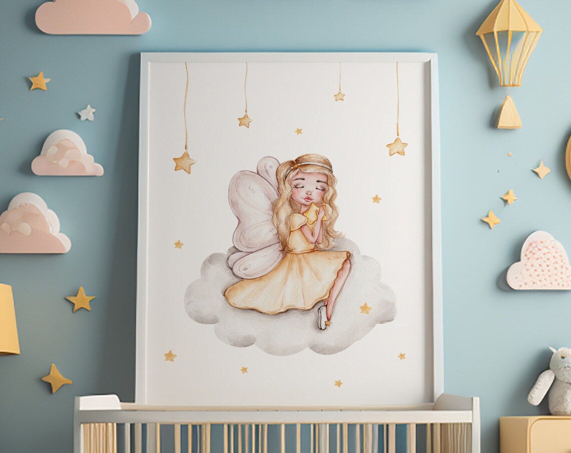 Watercolor Fairy on a Cloud With Stars Nursery Girls Room Poster