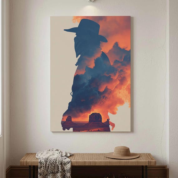 Western Cowboy Double Exposure Canvas Art Monument Valley Print