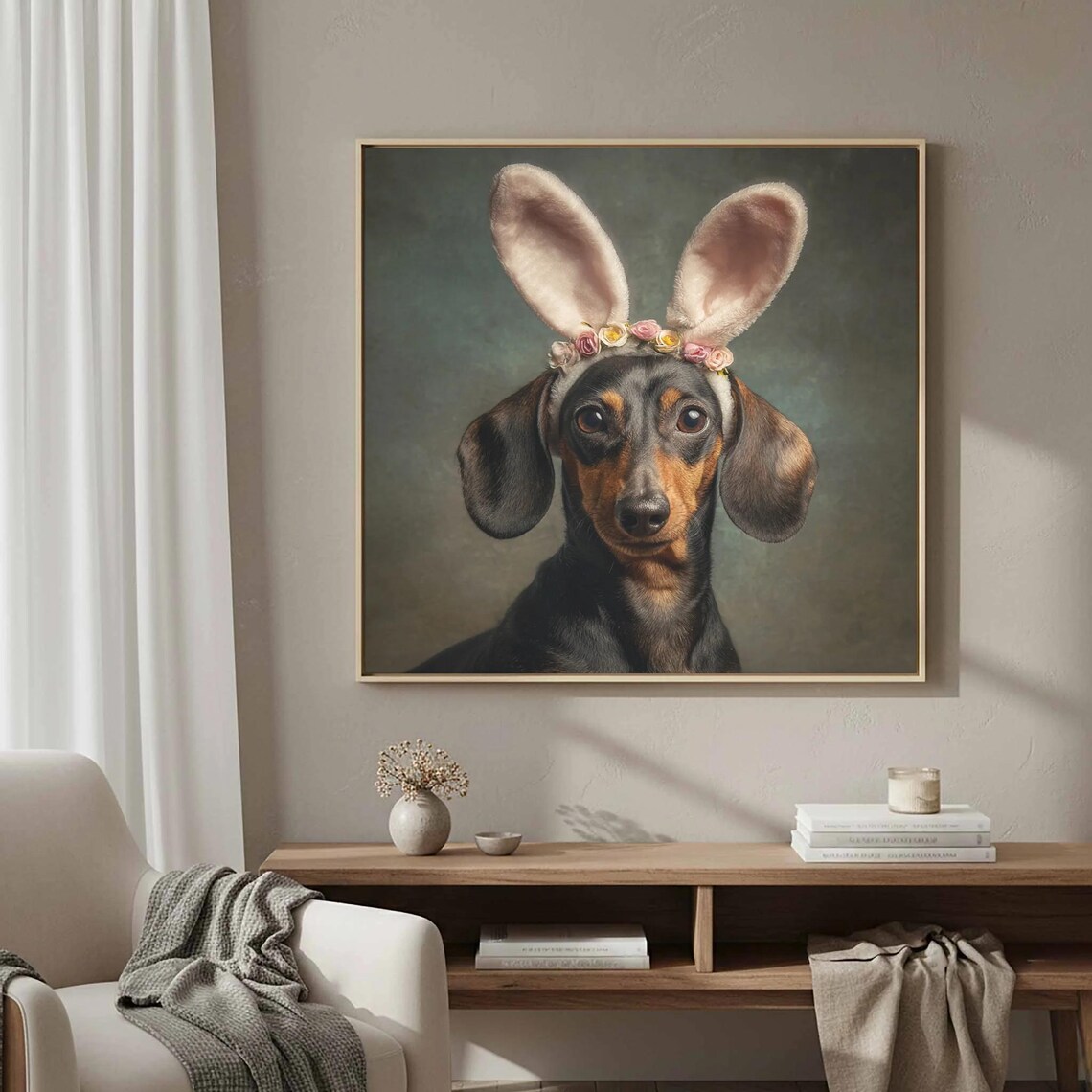 Dachshund Wearing Bunny Ears Floral Crown Cute Dog Portrait Poster