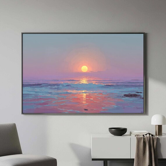 Coastal Sunset Impasto Ocean Waves Pink Violet Horizon Art Poster