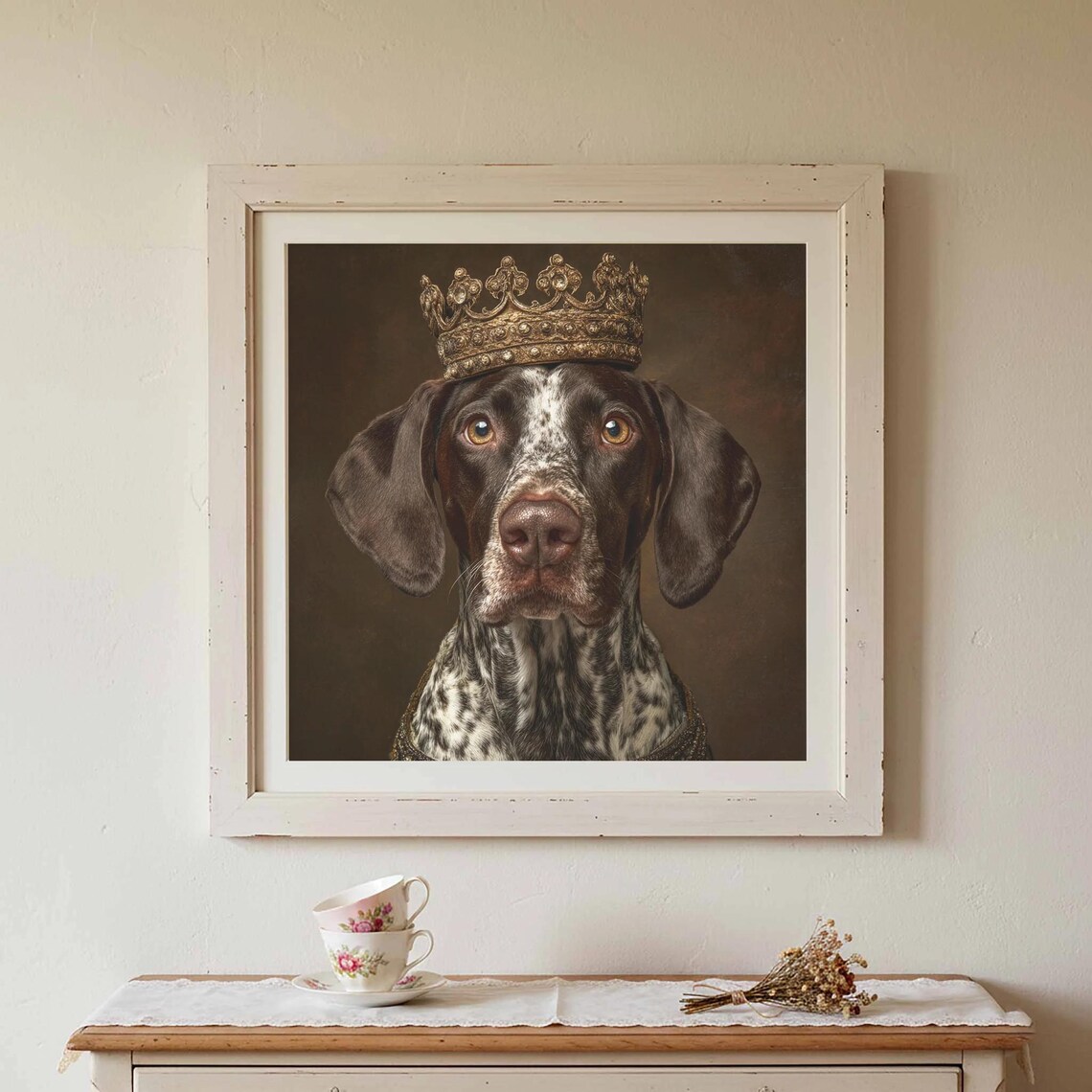 Dog Wearing Gold Crown Royal Pet Portrait Funny Animal Wall Art