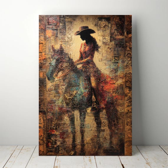 Western Cowgirl Abstract Canvas Wall Art Rustic Mixed Media Print