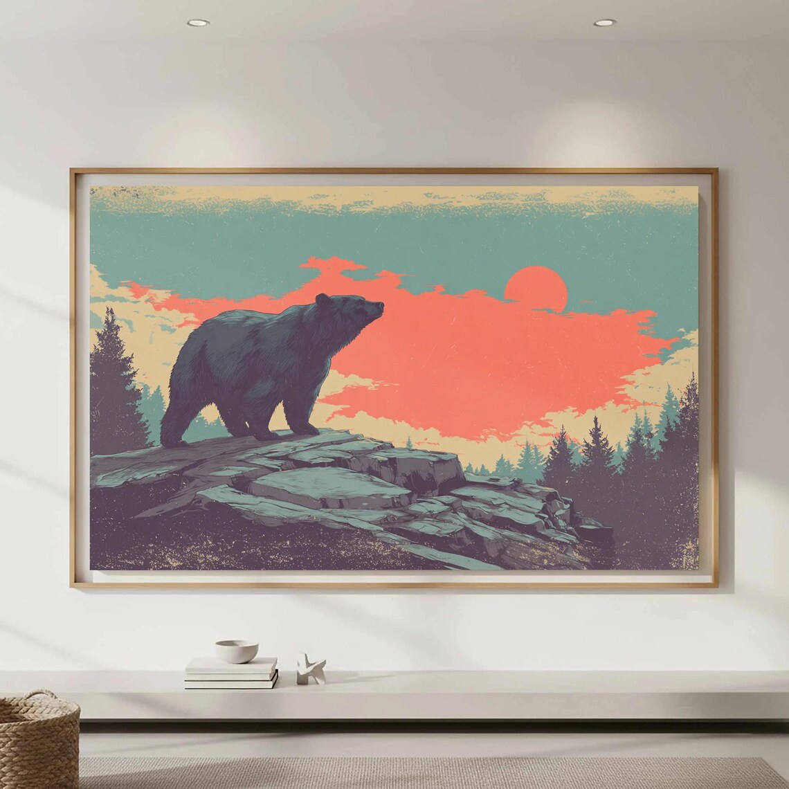 Vintage Bear Silhouette Wall Art Retro Sunset Wilderness Print