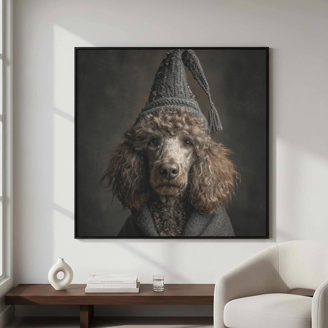 Poodle Wearing Gray Knit Winter Hat Funny Dog Portrait Poster