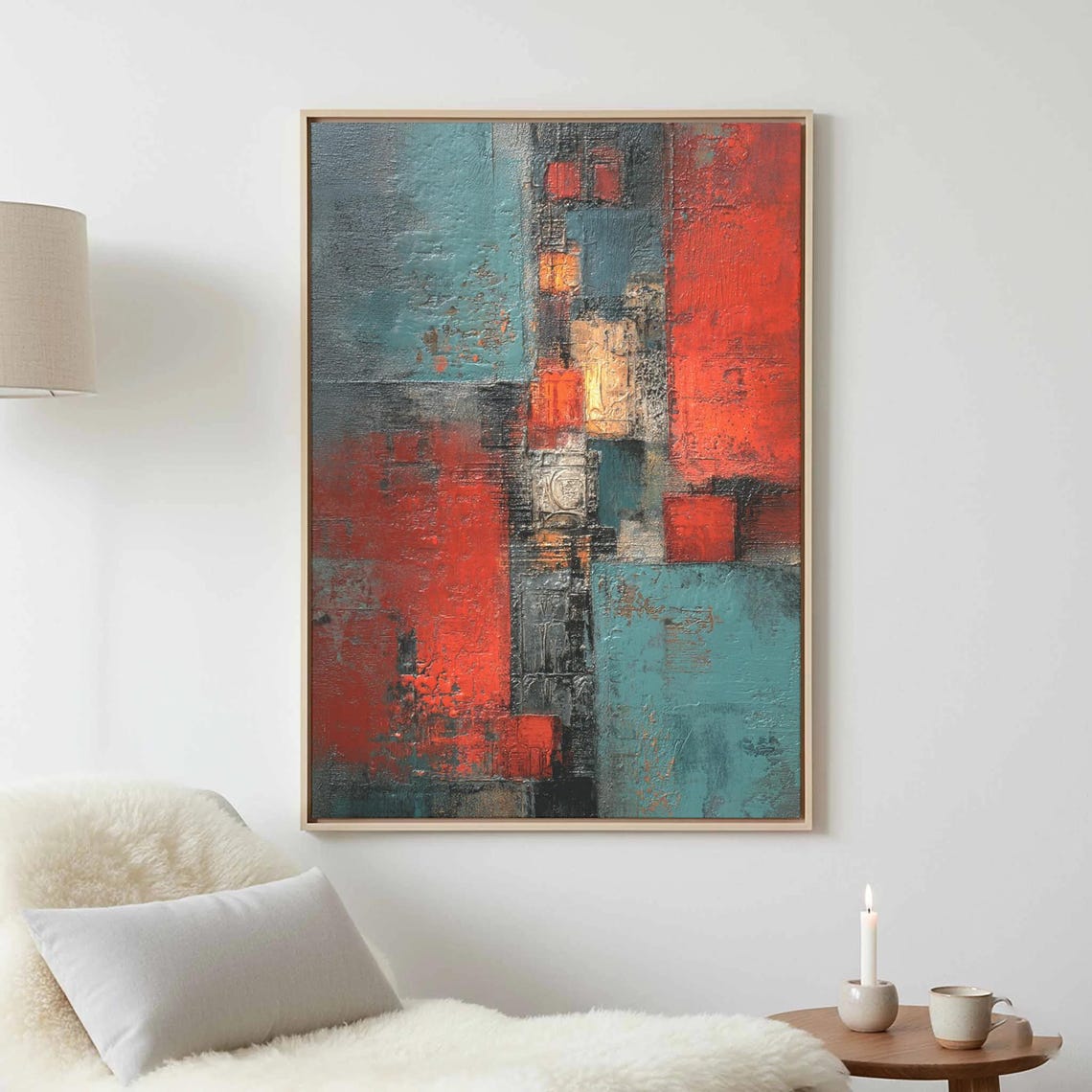 Abstract Red Blue Textured Geometric Painting Bold Modern Art Poster