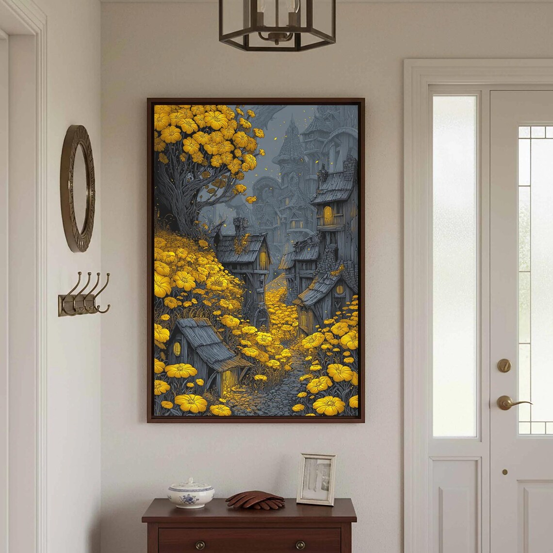Moonlit Fantasy Village Yellow Blooms Whimsical Storybook Poster