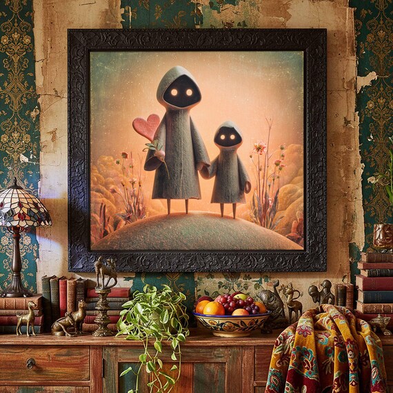 Hooded Figures Holding Heart Flower Garden Whimsical Art Poster