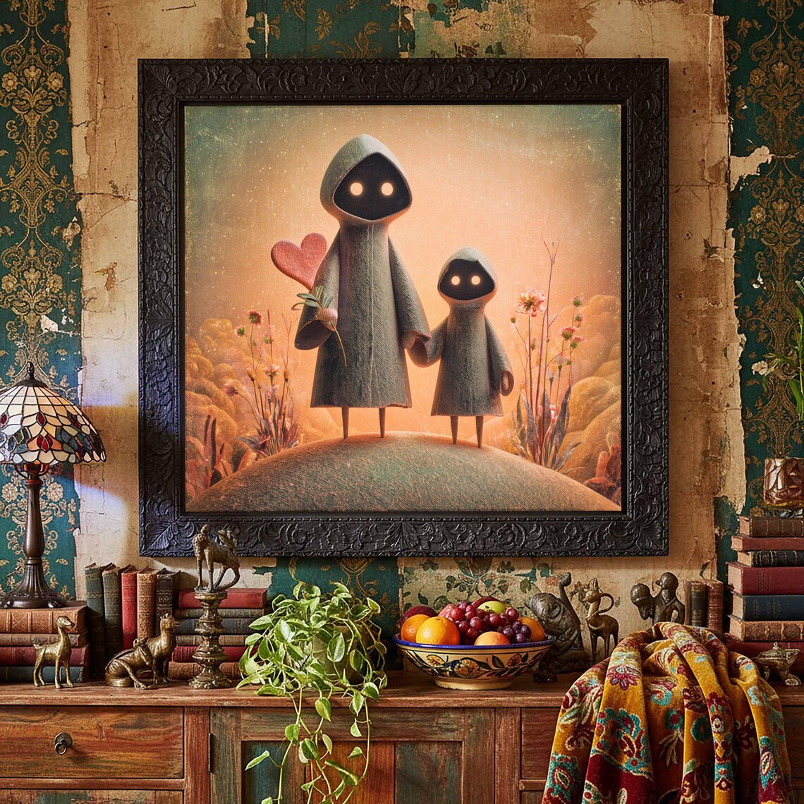 Hooded Figures Holding Heart Flower Garden Whimsical Art Poster