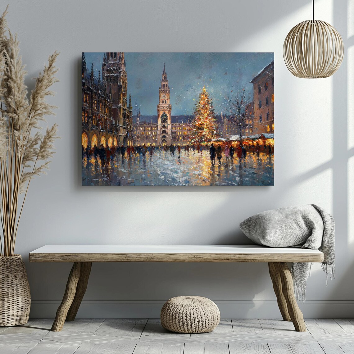 European Christmas Market Night Lit Tree Historic Square Painting Poster