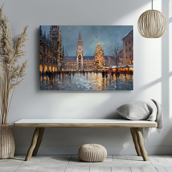 European Christmas Market Night Lit Tree Historic Square Painting Poster