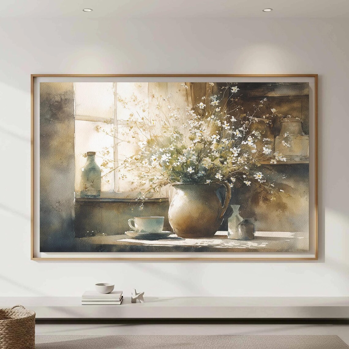 Wildflowers In Clay Jug On Sunlit Windowsill Watercolor Still Life Poster