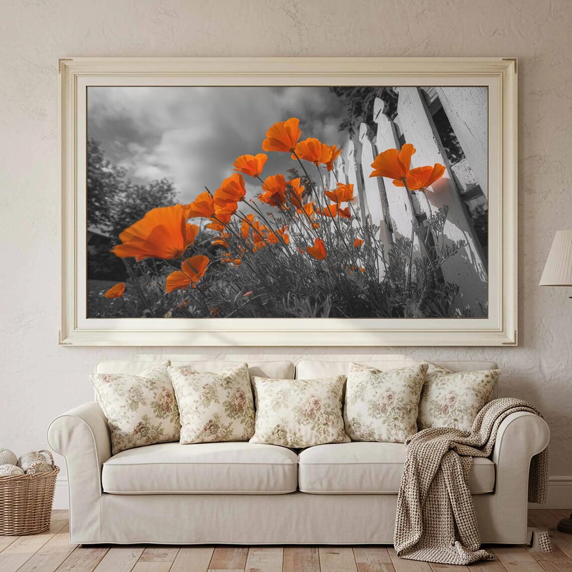 Orange Poppies Color Splash Picket Fence Floral Photography Poster