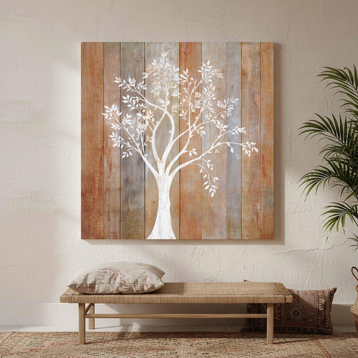 White Tree Silhouette Rustic Wood Plank Farmhouse Wall Print