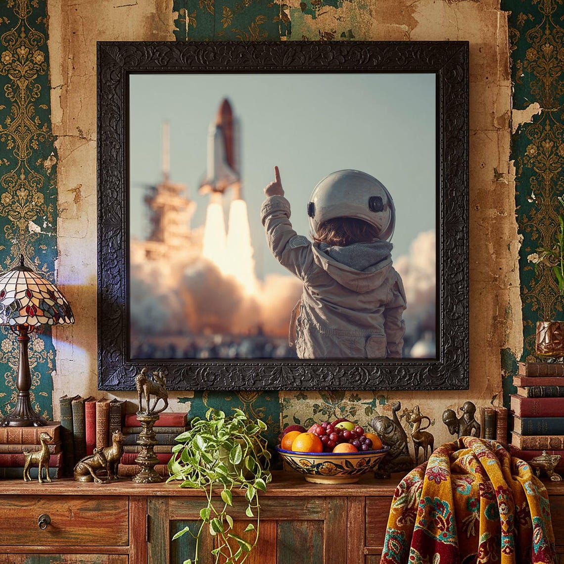 Astronaut Kid Watching Shuttle Launch Dream Big Space Poster