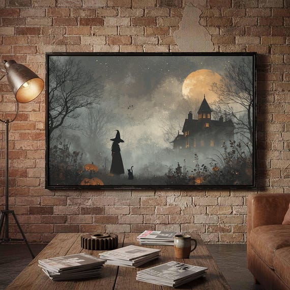 Witch Halloween Canvas Wall Art Spooky House Print