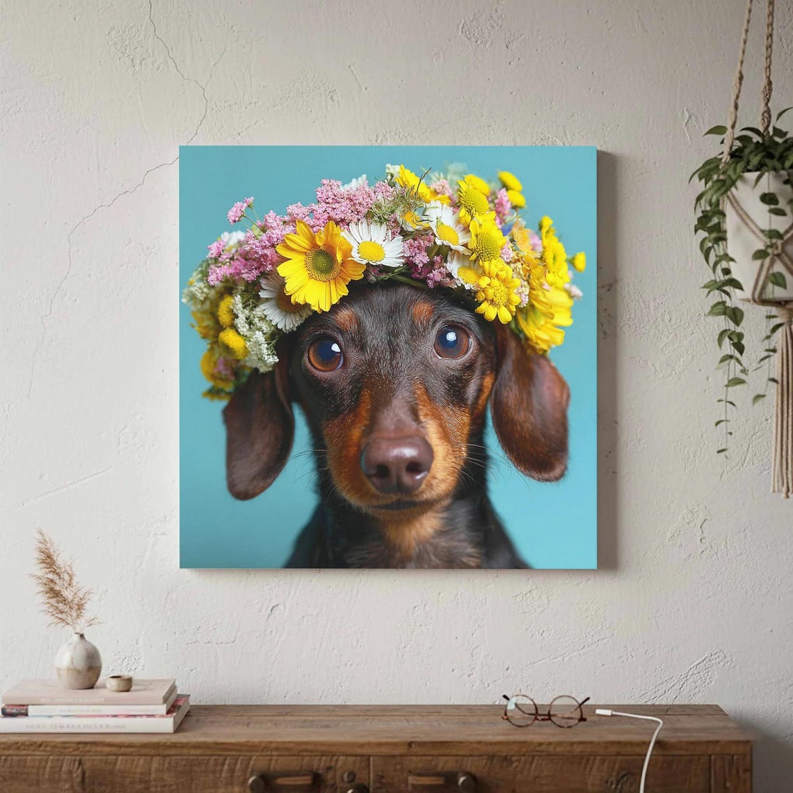 Dachshund Dog Wearing a Flower Crown Cute Photo Portrait Wall Art