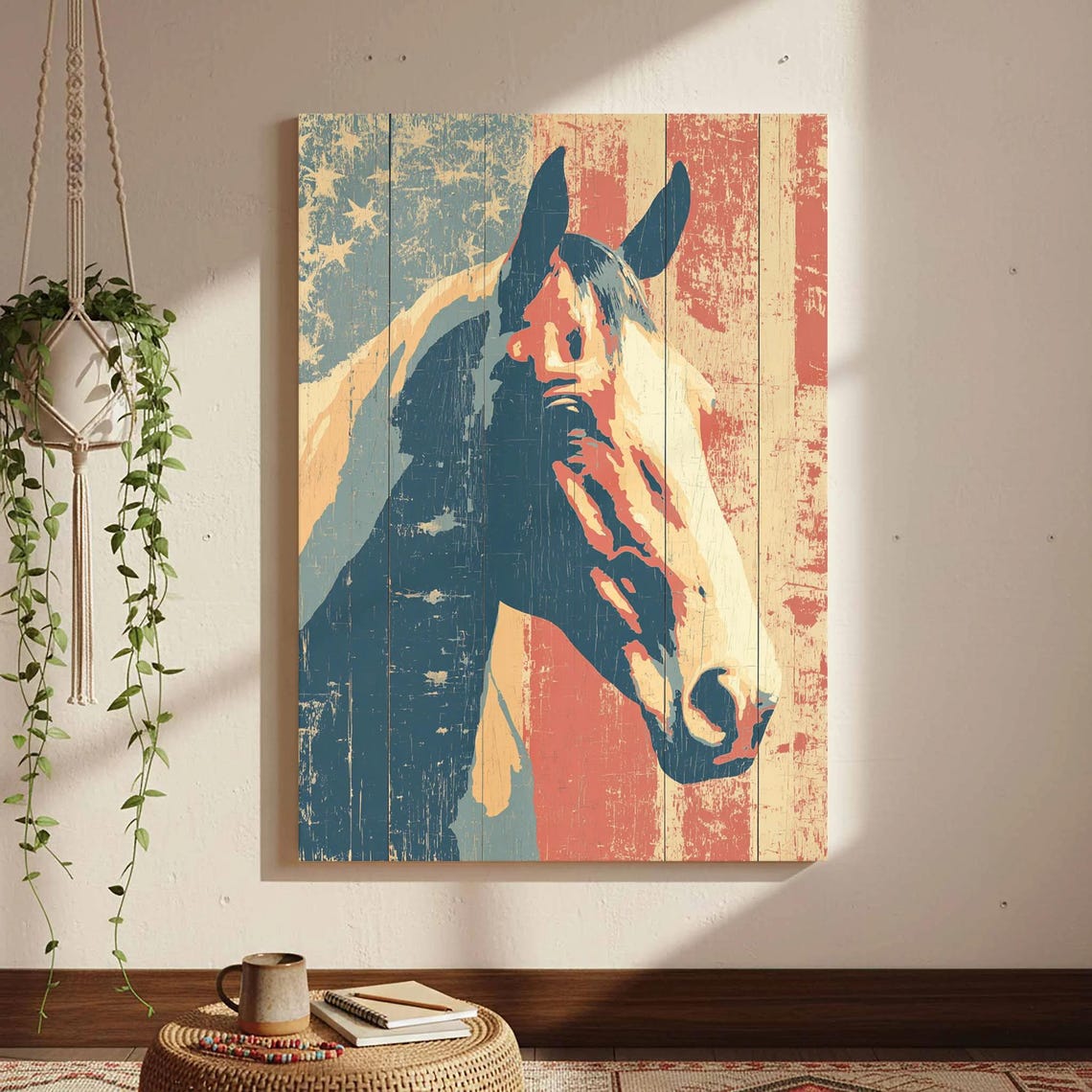 Horse Portrait American Flag Rustic Wood Vintage Style Poster