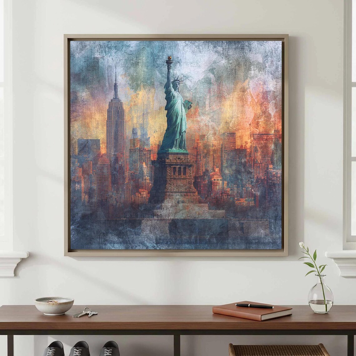 Statue of Liberty New York Sunset Skyline Textured Art Poster