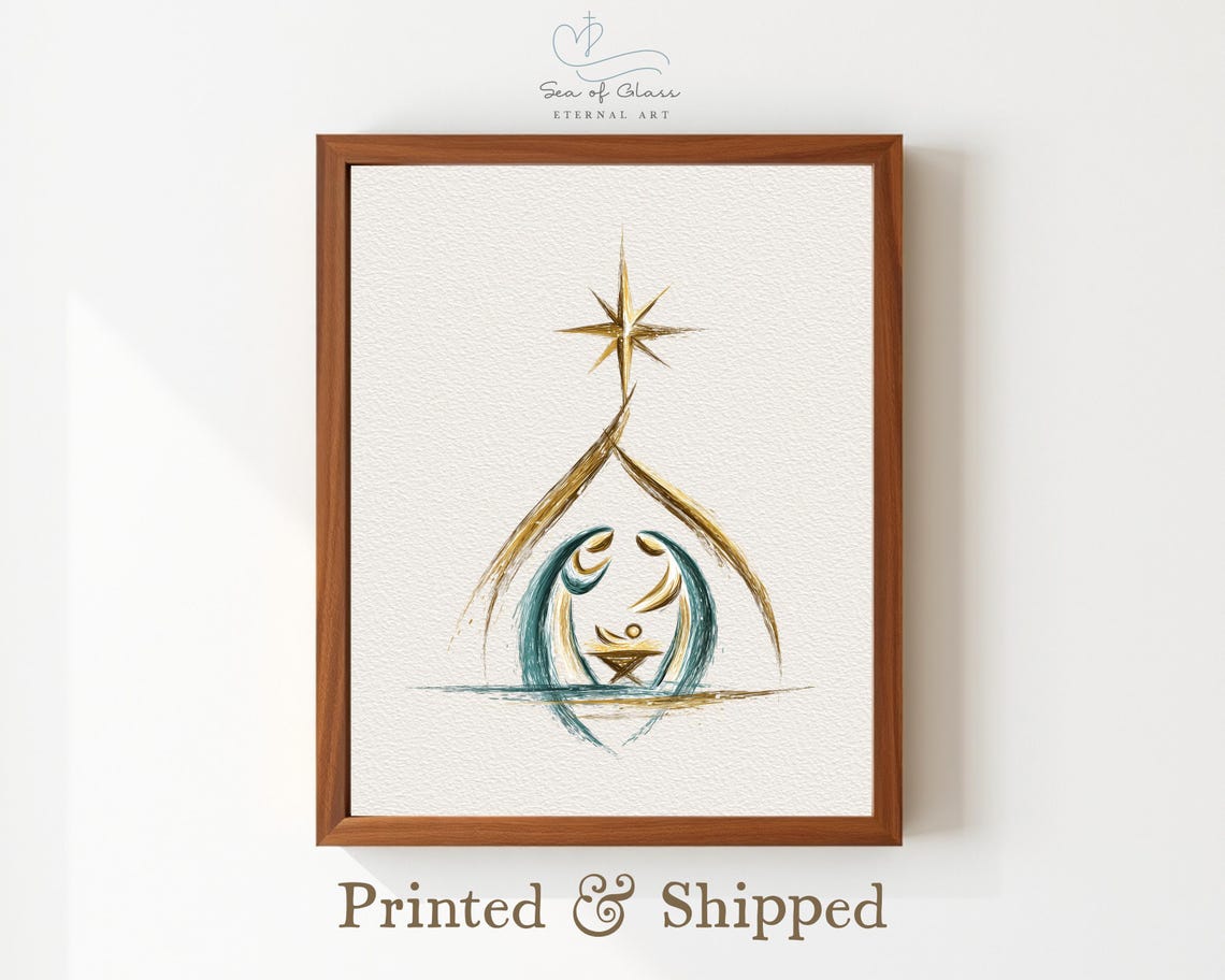Minimalist Nativity Scene Mailed Print Modern Green Gold Christmas Wall Art Abstract Holiday Artwork