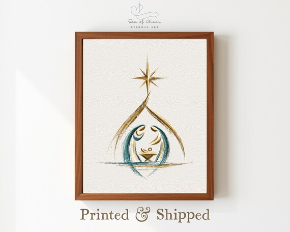 Minimalist Green and Gold Nativity Abstract Holy Family Poster