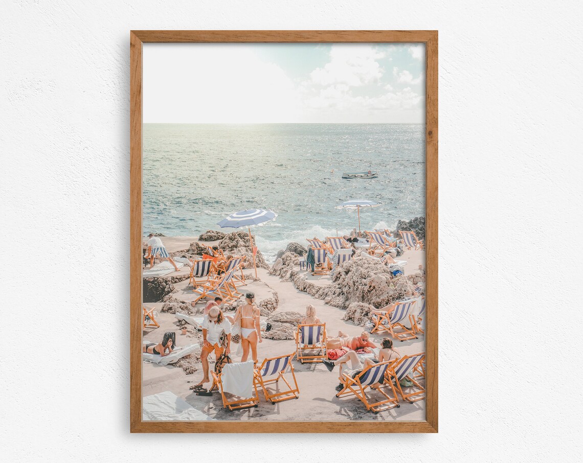 Rocky Beach Club Sunbathers Striped Loungers Capri Italy Summer Poster