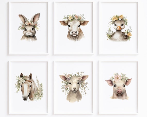 Vintage Farm Animal Watercolor Nursery Art Print
