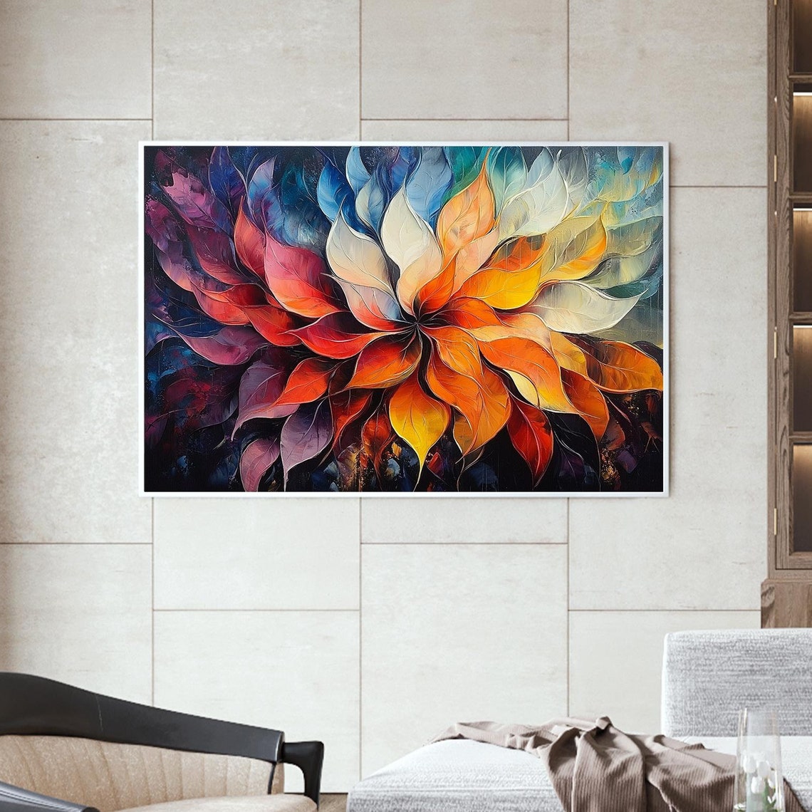 Rainbow Leaf Bloom Burst Radiating on Dark Abstract Floral Wall Art