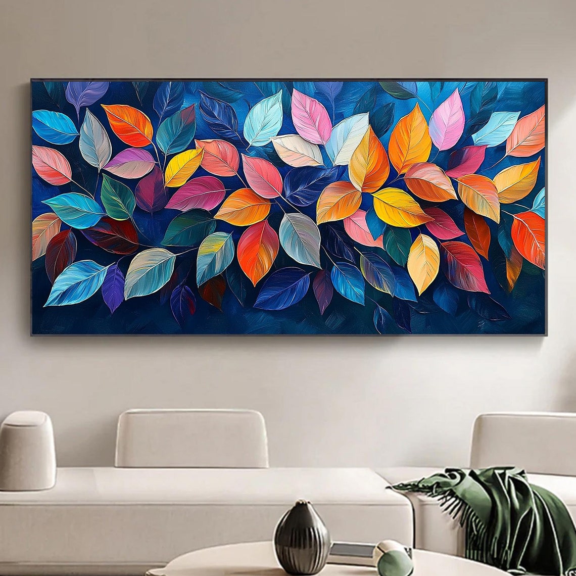 Colorful Autumn Leaves Scattered on Midnight Blue Botanical Wall Art